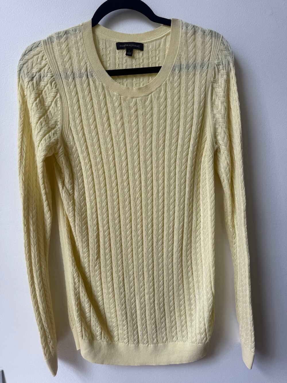 Banana Republic Womens L Cable Knit Sweater Yellow Cotton Crewneck Pullover